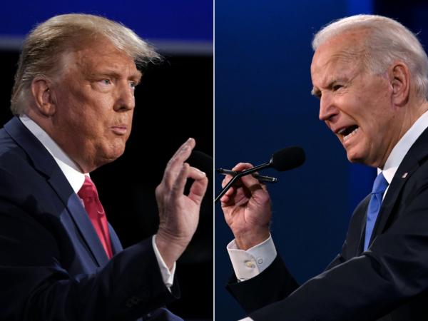 This combination of pictures created on Oct. 22, 2020, shows President Donald Trump, left, and Democratic presidential candidate Joe Biden during the final presidential debate at Belmont University in Nashville on Oct. 22, 2020. (Brendan Smialowski and Jim Watson/AFP via Getty Images)
