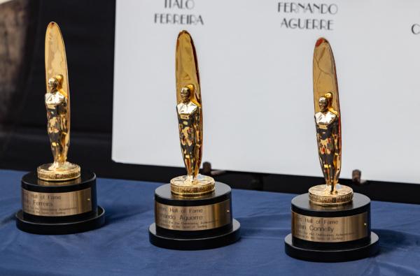 2023 Surfers Hall of Fame celebration trophies sit on a table in Huntington Beach, Calif., on Aug. 4, 2023. (John Fredricks/The Epoch Times)