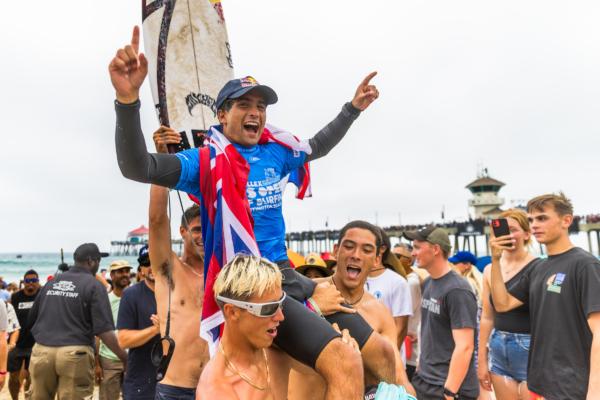 Eli Hanneman of Hawaii after surfing in the Final of the at the U.S. Open of Surfing in Huntington Beach, Calif., on Aug. 6, 2023. (Kenny Morris/World Surf League)