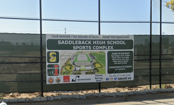 A sign outside of the construction site of a new football stadium at the Saddleback High School in Santa Ana, Calif., in August 2022. (Google Maps/Screenshot via The Epoch Times)