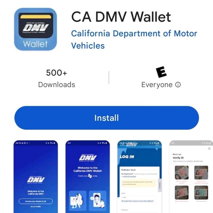 A screenshot of the California DMV’s digital wallet app for Android smartphones in the Google Play app store taken August 8, 2023. (Jason Blair/The Epoch Times)