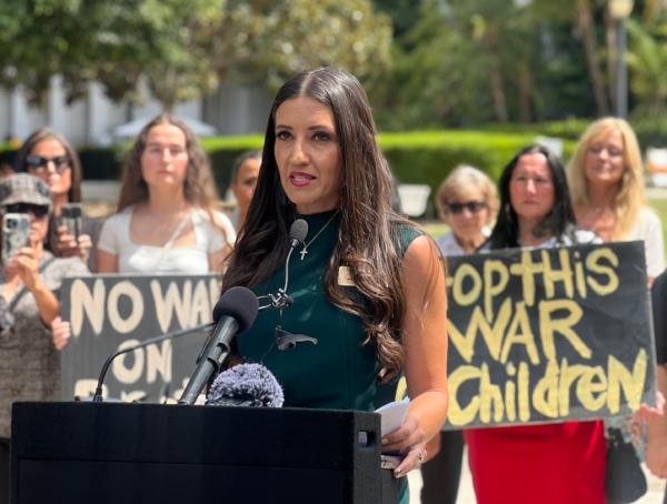 Sonja Shaw, president of Chino Valley Unified school board, speaks at a press conference outside the California state Capitol in Sacramento, Calif., on Aug. 14, 2023. (Courtesy of California Family Council)