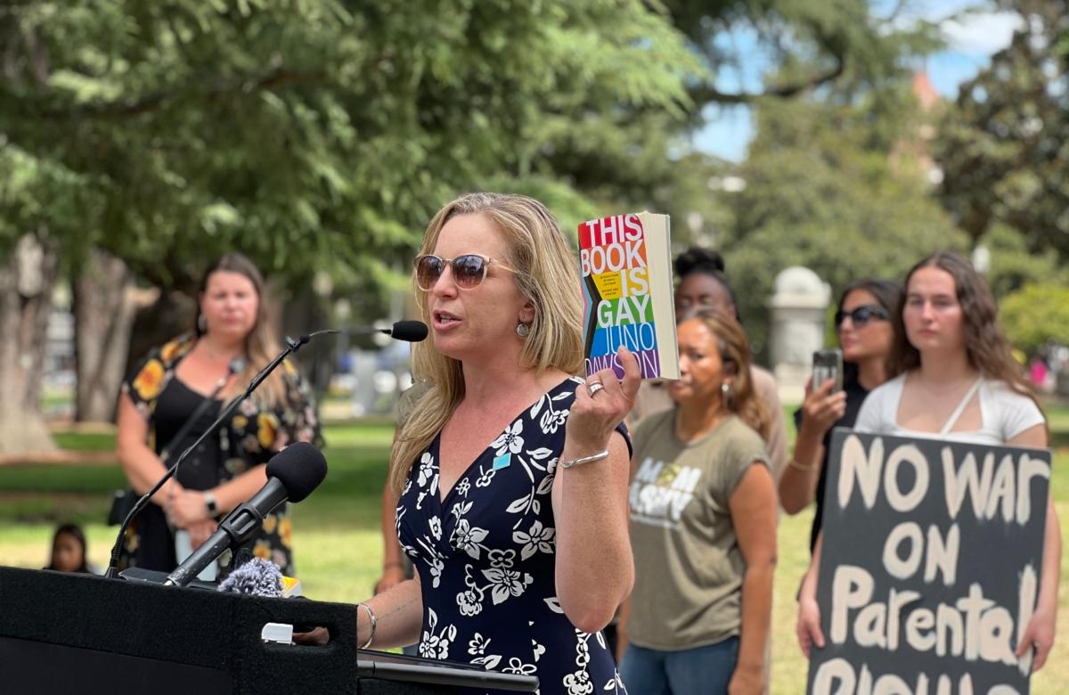 Allie Snyder, a supporter of the organization Our Duty and a parent, speaks at a press conference outside the California state Capitol in Sacramento on Aug. 14, 2023. (Courtesy of California Family Council)