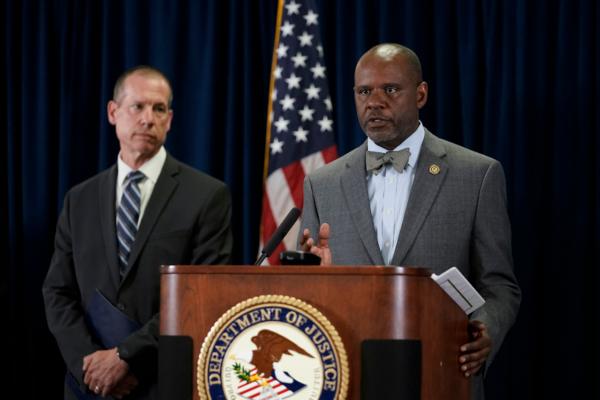 U.S. Attorney for the Northern District of California, Ismail J. Ramsey (right) speaks to reporters during a press conference in San Francisco, Calif., on Aug. 17, 2023. Ramsey announced Nov. 8, 2024, his office would participate in a newly formed Veterans Court in Northern California. (Godofredo A. Vásquez/AP Photo)