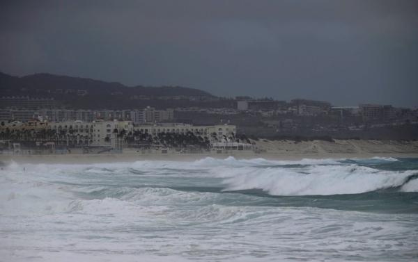 General view of the Medano beach in Los Cabos, Baja California State, Mexico, during the passage of Hurricane Hilary, on Aug. 19, 2023. (Alfredo Estrella/AFP via Getty Images)
