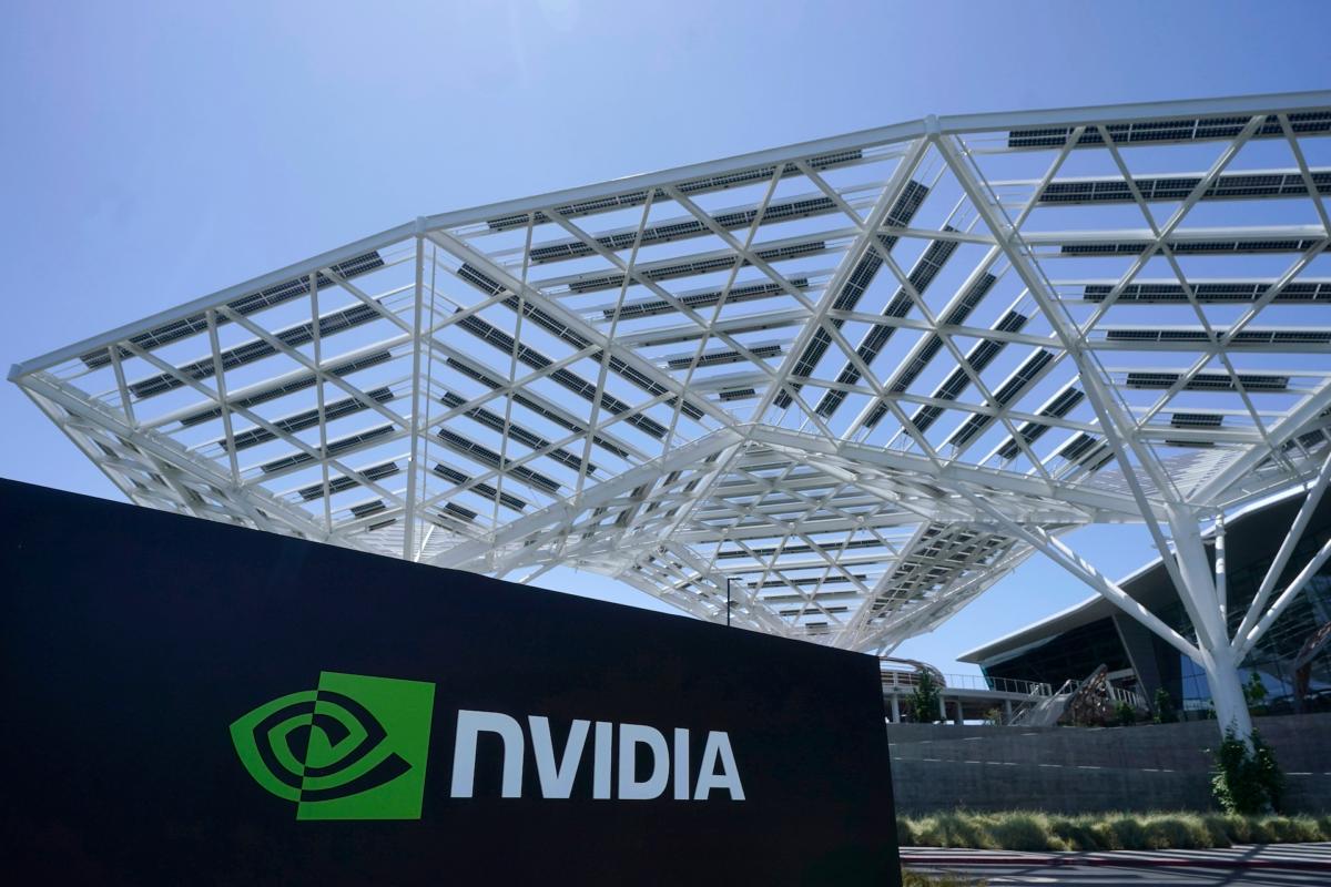 The Nvidia office building in Santa Clara, Calif., on May 31, 2023. (Jeff Chiu/AP)