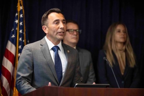 U.S. Attorney Martin Estrada makes an announcement on another case in Los Angeles on Aug. 29, 2023. (Sarah Reingewirtz/The Orange County Register via AP)