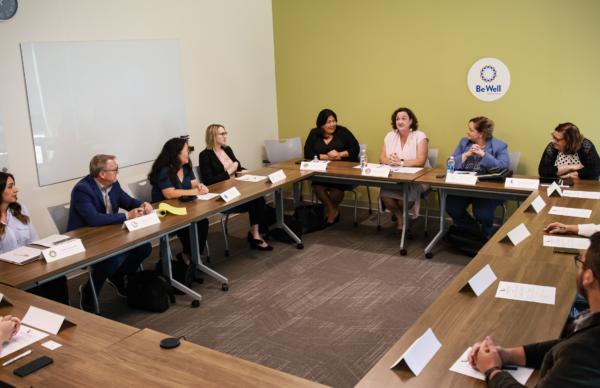 House Rep. Katie Porter (D-Calif.) speaks at a gathering with local leaders and mental health professionals at the Be Well OC offices in Orange, Calif., on Aug. 31, 2023. (John Fredricks/The Epoch Times)