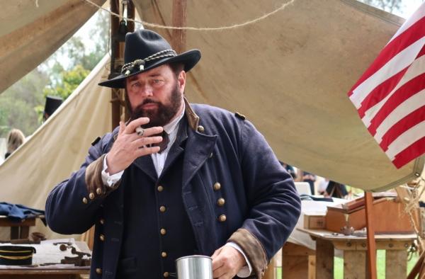 A reenactor played as Union Gen. Ulysses S. Grant talking to the audience during the 30th annual Civil War Days event at Huntington Beach Central Park in Huntington Beach, Calif., on Sept. 3, 2023. (Sophie Li/The Epoch Times)