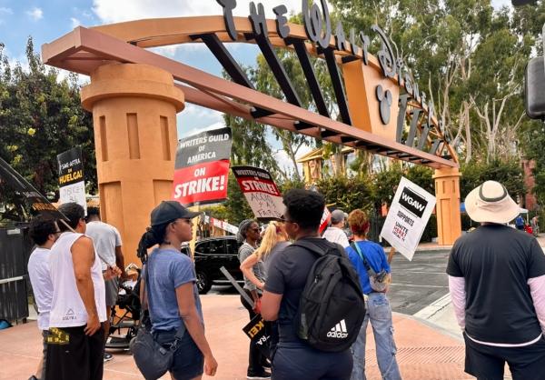 Hollywood actors and writers picketed outside of Disney Studio as strikes continued in Burbank, Calif., on Sept 18, 2023. The Writers Guild of America expects to return to contract negotiations Wednesday with major studios and streaming services. (Jill McLaughlin/The Epoch Times)