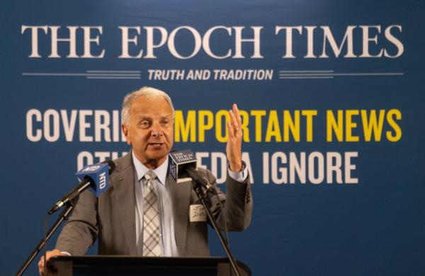 Professor and President Emeritus of Chapman University Jim Doti speaks at the opening of a new Epoch Times office location in Irvine, Calif., on Sept. 19, 2023. (John Fredricks/The Epoch Times)
