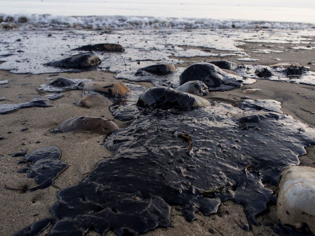 Oil covers rocks and sand at Refugio State Beach in Goleta, Calif., on May 19, 2015. (Robyn Beck/AFP via Getty Images)