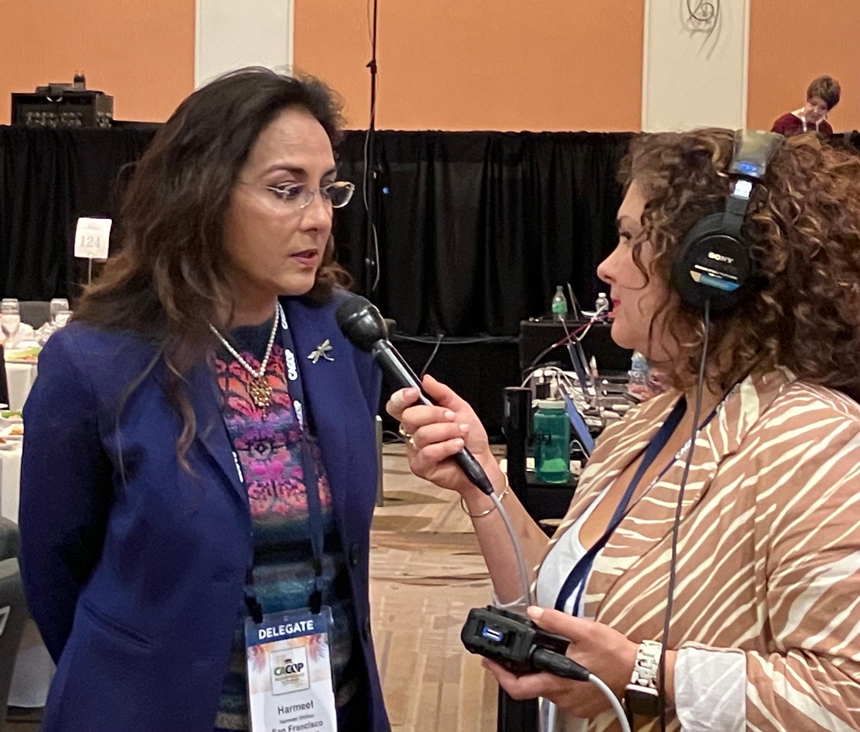 Harmeet Dhillon, an adviser to former President Donald Trump who is also a Republican delegate in California, speaks with a reporter at the California GOP Fall Convention prior to the former president's speech on Sept. 30, 2023. (Janice Hisle/The Epoch Times)