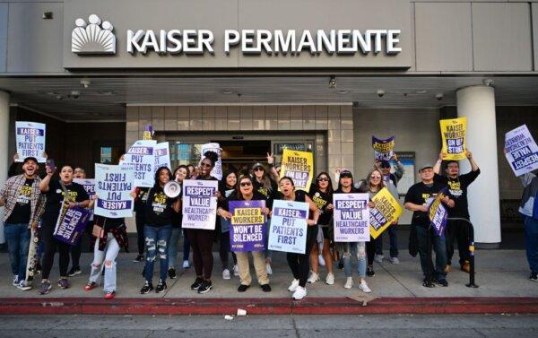 Kaiser Permanente health care employees, joined by union members representing the workers, walk the picket line in Los Angeles during the start of a three-day strike on Oct. 4, 2023. (Frederic J. Brown/AFP via Getty Images)