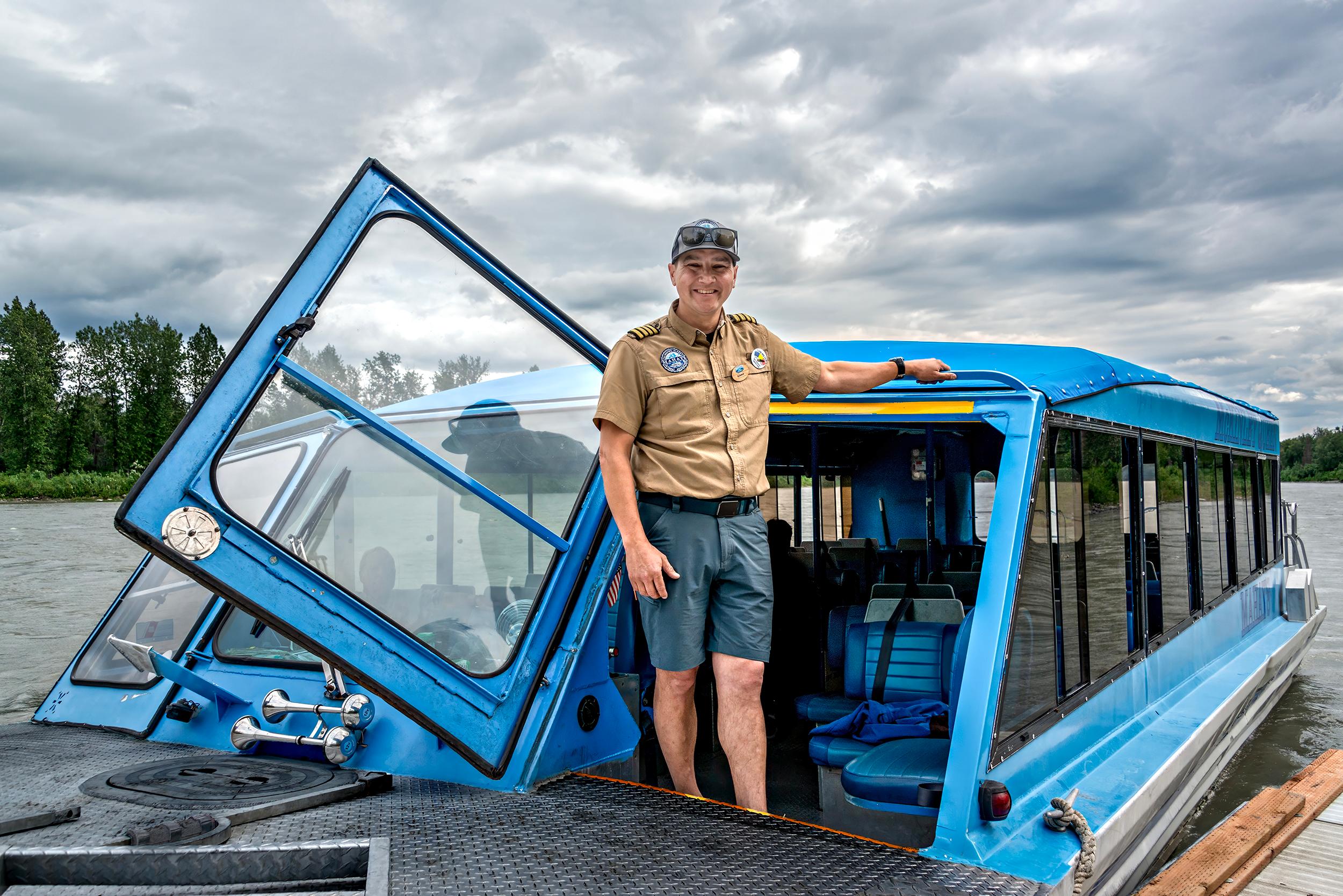 Captain Elias Hoffman aboard the McKinley Queen jet boat docked near Talkeetna. (Maria Coulson)