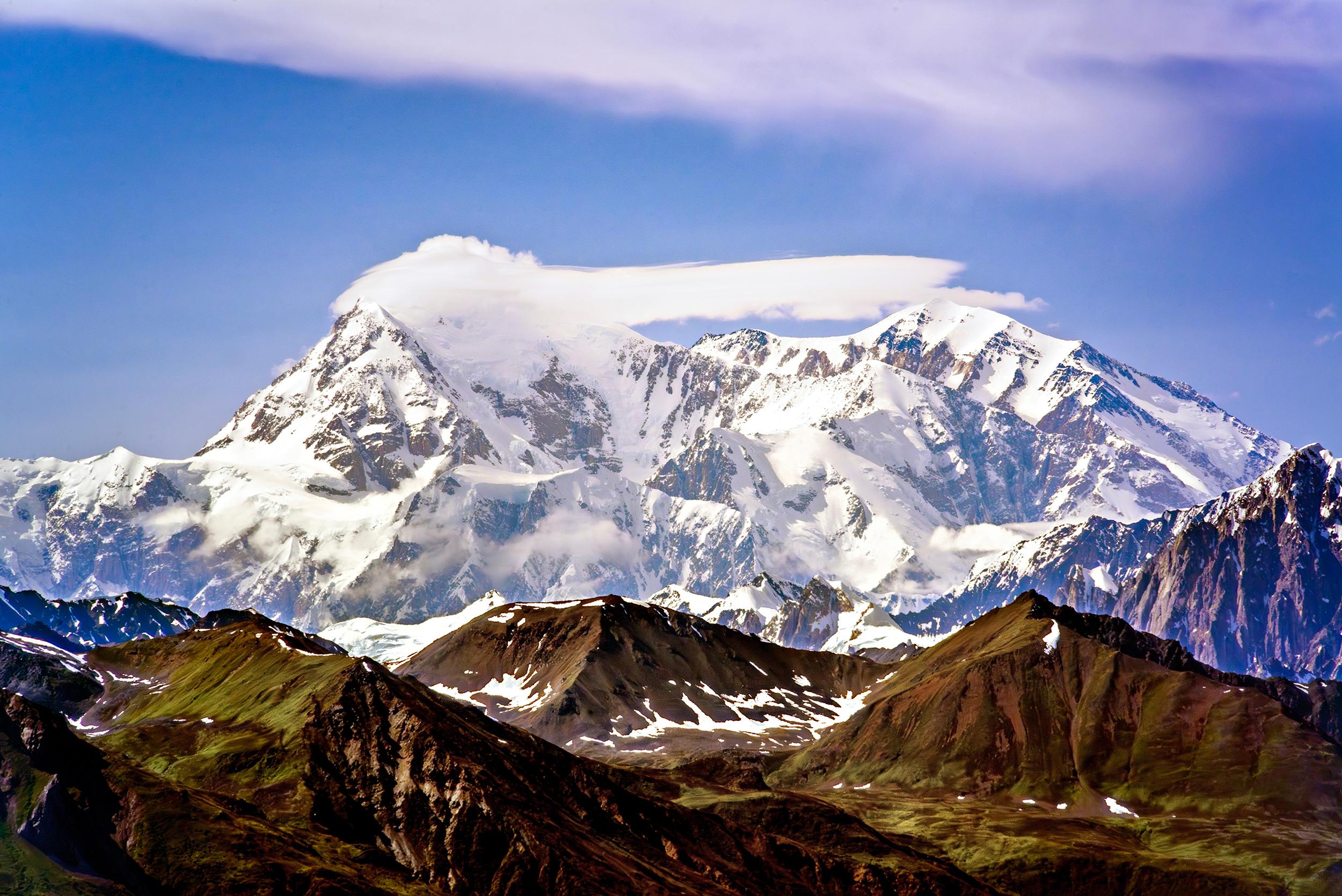 An image of the 20,310-foot-high Denali taken from the Denali Star outdoor observation deck. (Maria Coulson)