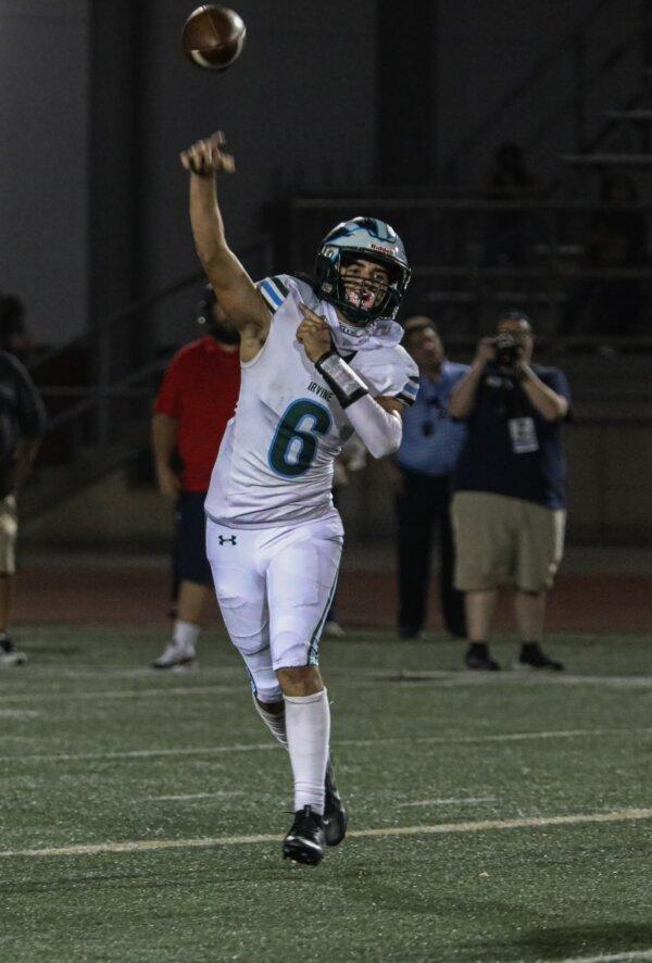 Irvine sophomore quarterback Sina Saferzadeh unleashes a pass. (Courtesy of Josh Harrell)