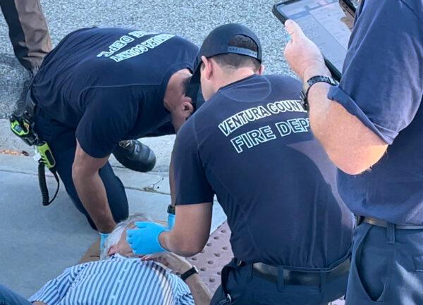 Paramedics assist Paul Kessler, 69, after he sustained a head injury during a fight with a pro-Palestinian protester in Thousand Oaks, Calif., on Nov. 5, 2023. Mr. Kessler died in the hospital on Nov. 6. (Courtesy of Rabbi Mark Blazer)