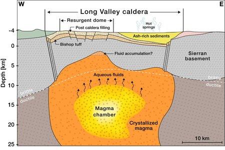 A diagram depicting the magma chamber beneath the Long Valley Caldera. The diagram was developed from tomographic imaging using seismic waves. (Biondi et al. (2023) via the California Institute of Technology)