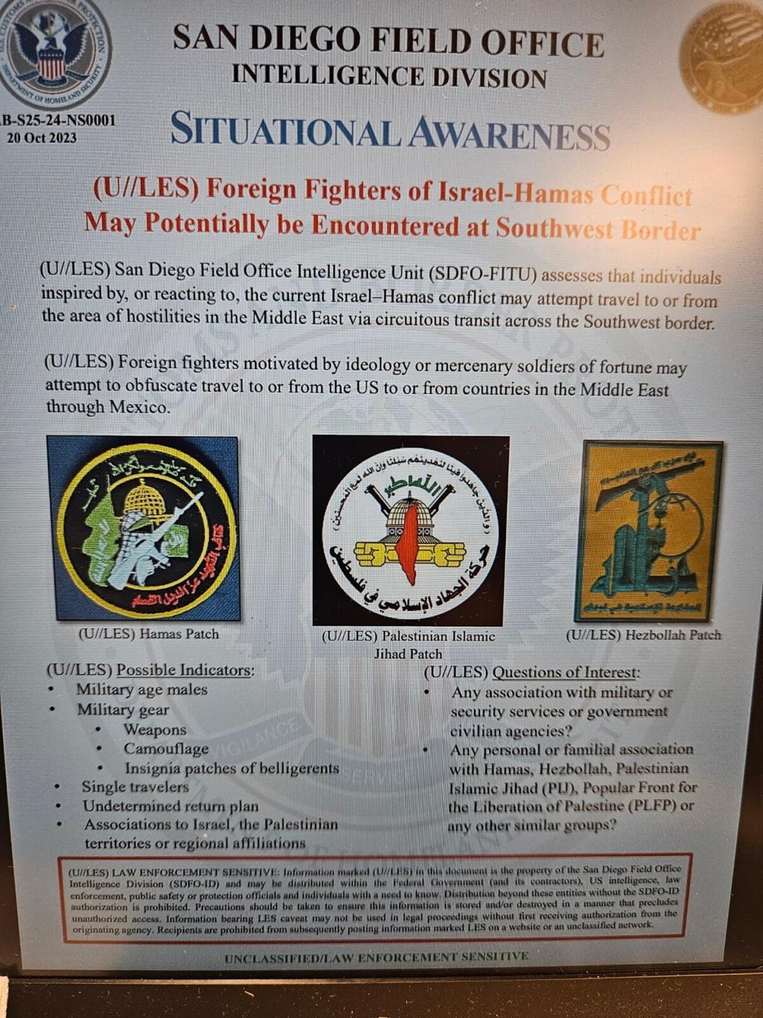 A leaked internal memo issued by the San Diego Field Office Intelligence Division of Customs and Border Protection (CBP) on Oct. 20, 2023. (Obtained by The Epoch Times)