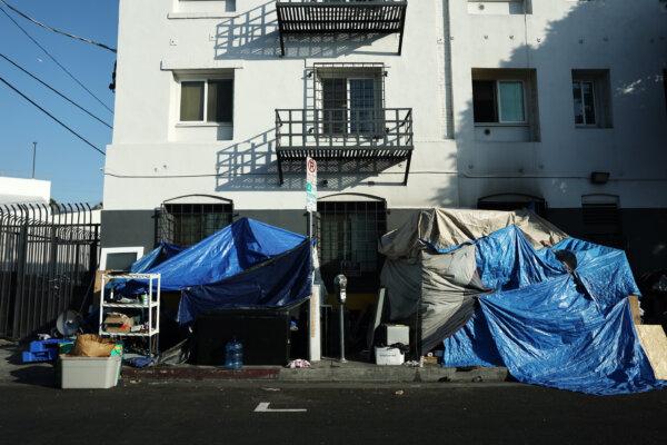 A homeless encampment stands in the Skid Row community in Los Angeles on Sept. 28, 2023. (Mario Tama/Getty Images)
