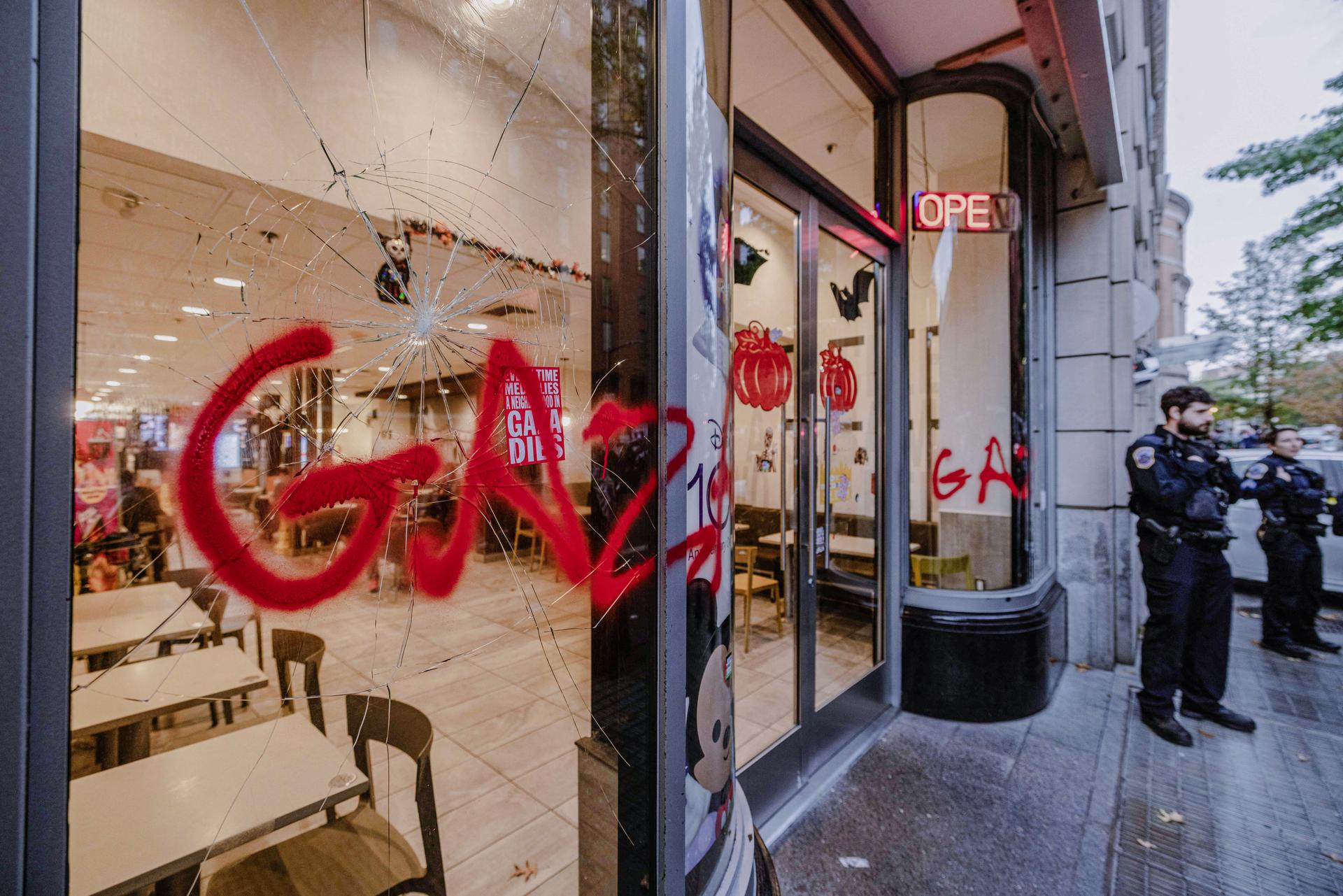 "Gaza" is sprayed on a broken McDonald's window during a pro-Palestinian demonstration in Freedom Plaza in Washington on Nov. 4, 2023. (Ali Khaligh/Middle East Images/AFP via Getty Images)