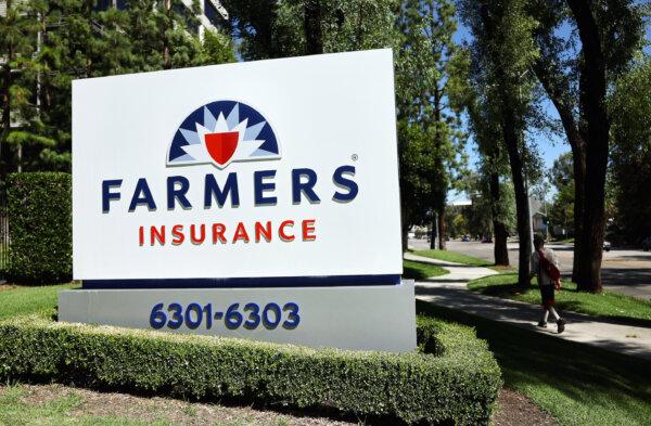 The Farmers Insurance logo is displayed outside company headquarters in Woodland Hills, Calif., on Aug. 29, 2023. (Mario Tama/Getty Images)