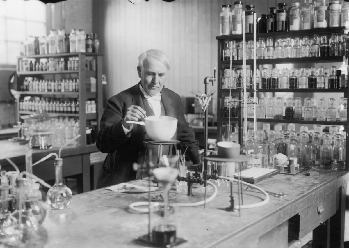 American inventor Thomas Edison (1847–1931) conducting an experiment in his laboratory, circa 1910. (FPG/Archive Photos/Getty Images)
