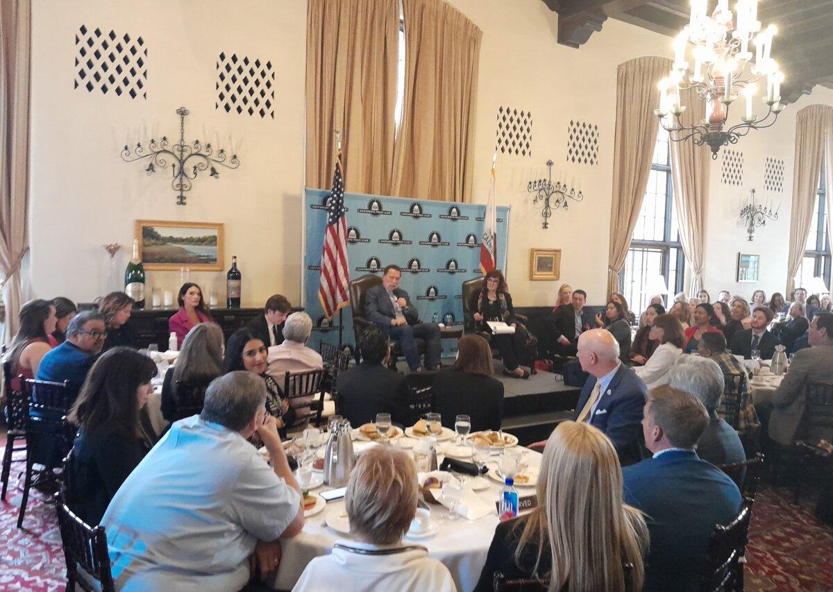 Former Gov. Arnold Schwarzenegger speaks to the Sacramento Press Club in Sacramento, Calif., on Nov. 17, 2023. (Travis Gillmore/The Epoch Times)