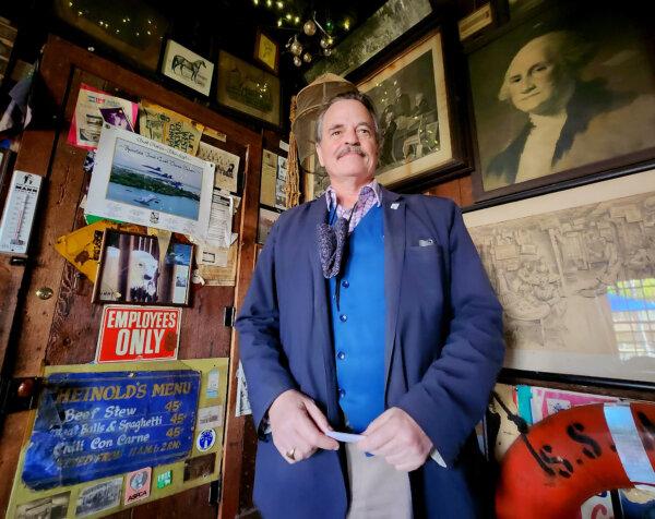 Elliott Myles, owner of the First and Last Chance Bar at Jack London Square in Oakland, Calif., on Nov. 10, 2023. Myles said the hotel closure might affect the historic bar, which first opened as a neighborhood saloon in 1884. (Allan Stein/The Epoch Times)