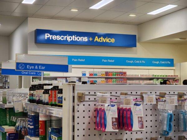 Signage inside a pharmacy. Four people suspected of robbing Southern California pharmacies this year were arrested by federal agents, according to the U.S. Attorney's Office in Los Angeles. (Susan Mortimer/The Epoch Times)