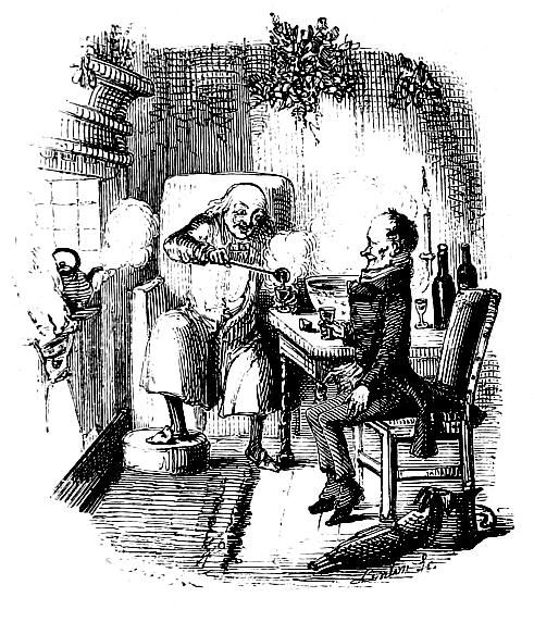 Scrooge and Bob Cratchit celebrate Christmas in an illustration from stave five of the original edition, 1843. (Public Domain)