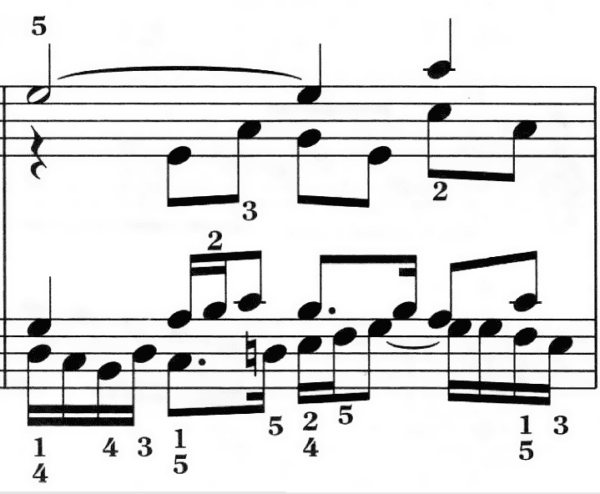 A bar from J.S. Bach's Fugue No.17 in A flat, BWV 862, from "Das Wohltemperierte Clavier" (Part I), a famous example of contrapuntal polyphony. (Public Domain)