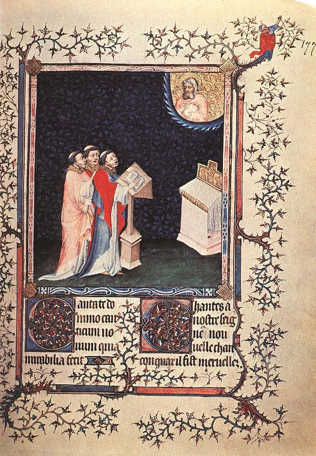 An illumination of three cantors in front of a lectern, between 1380–1415, by Pseudo-Jacquemart from the Psalter of Duke Berry. National Library of France. (Public Domain)