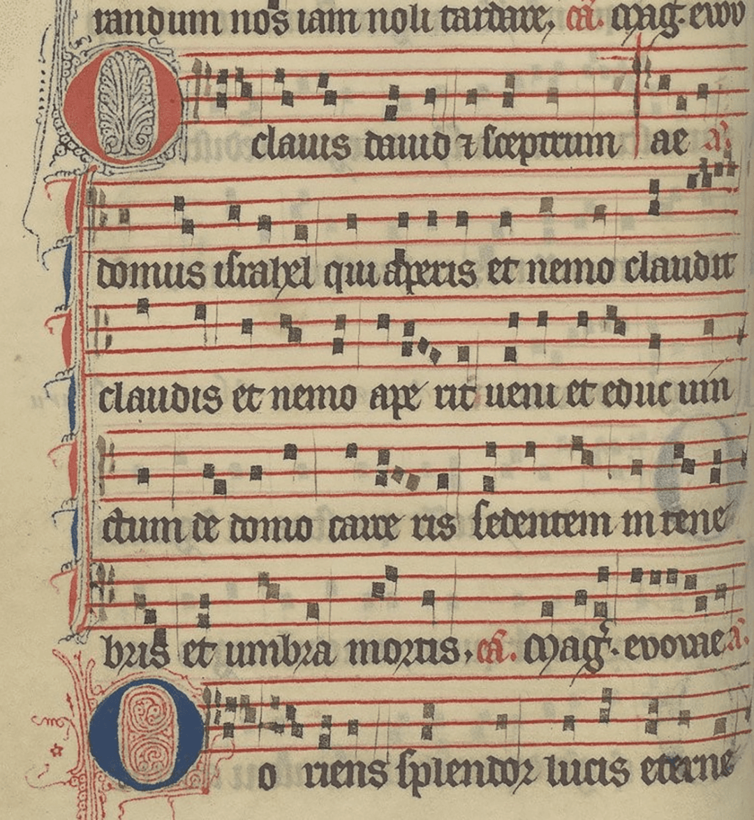 Advent Antiphons, 1300, from Master of the Dominican Antiphonary Meliacin (<a class="new" title="User:Castorepollux (page does not exist)" href="https://commons.wikimedia.org/w/index.php?title=User:Castorepollux&action=edit&redlink=1">Castorepollux </a>(Order of Preachers)/<a href="https://creativecommons.org/licenses/by-sa/4.0/deed.en">CC BY-SA 4.0 DEED</a>).