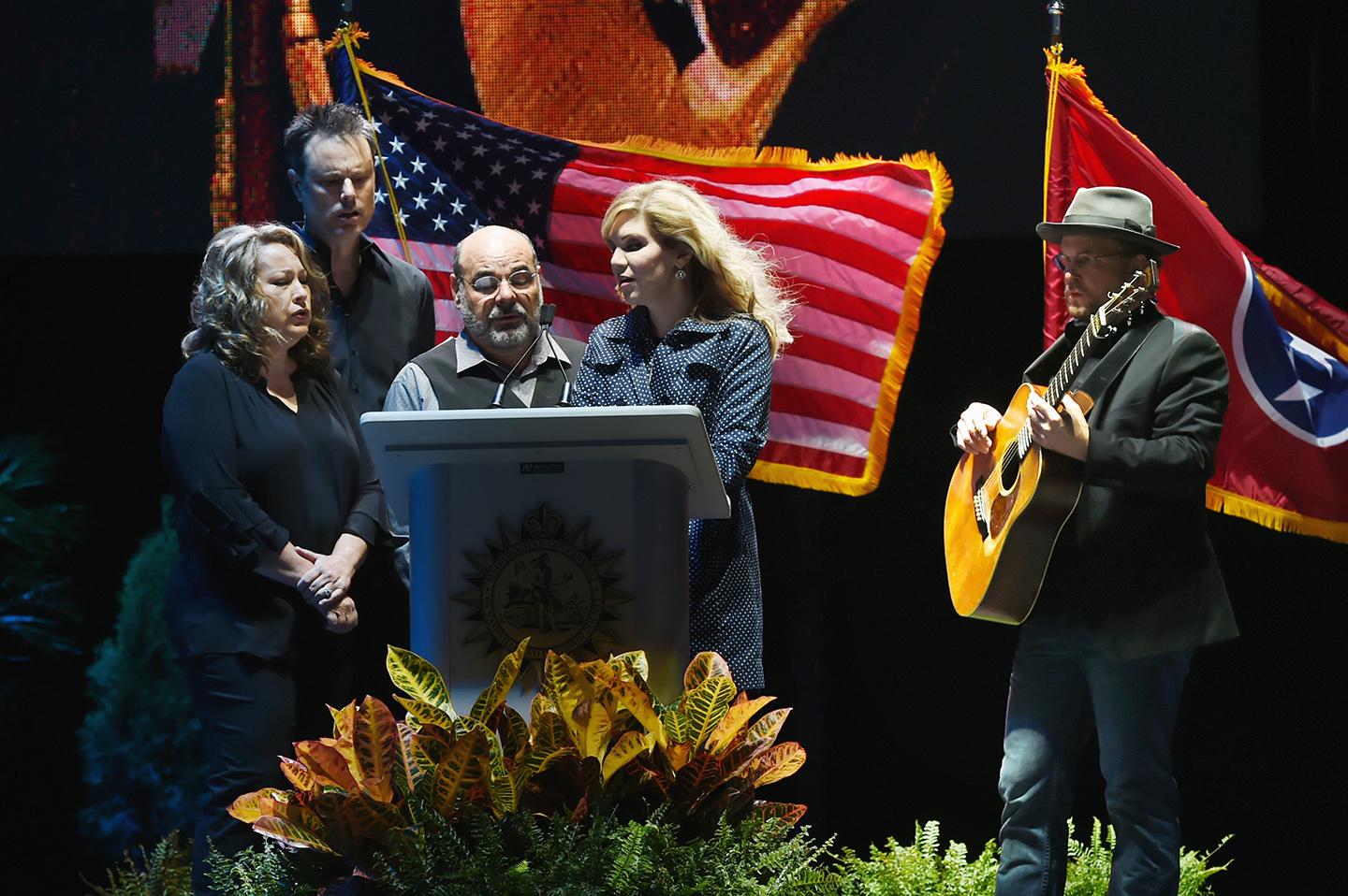 Alison Krauss, performing as a singer, and The Cox Family at Ascend Amphitheater in Nashville on Oct. 2, 2017. (Rick Diamond/Getty Images)