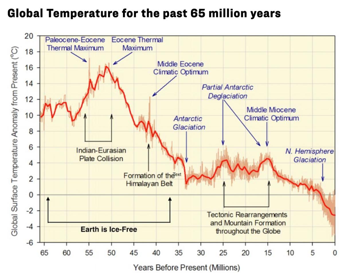 Global surface temperature from 65 million YBP showing the major cooling trend over the past 50 million years. While the poles were considerably warmer than they are today, there was much less warming in the tropics, which remained habitable throughout. The Earth is now in one of the coldest periods during the past 600 million years. (Courtesy of Dr. Patrick Moore)