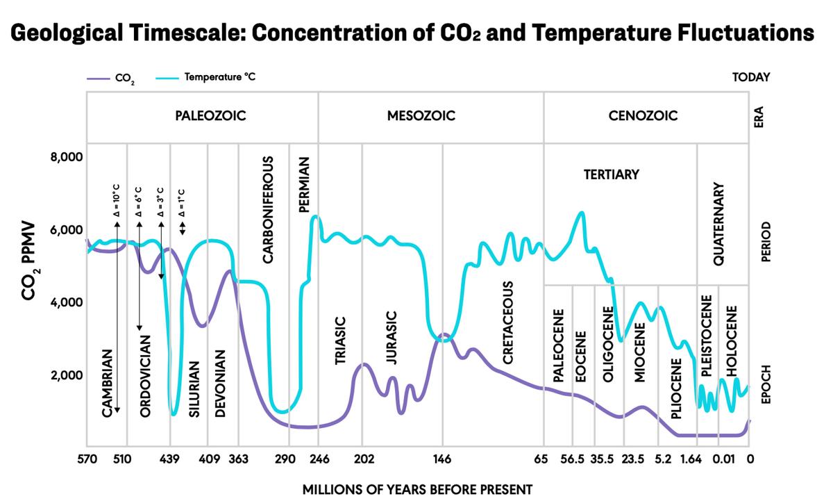 Geological Timescale: Concentration of CO2 and Temperature Fluctuations. (Courtesy of Dr. Patrick Moore)