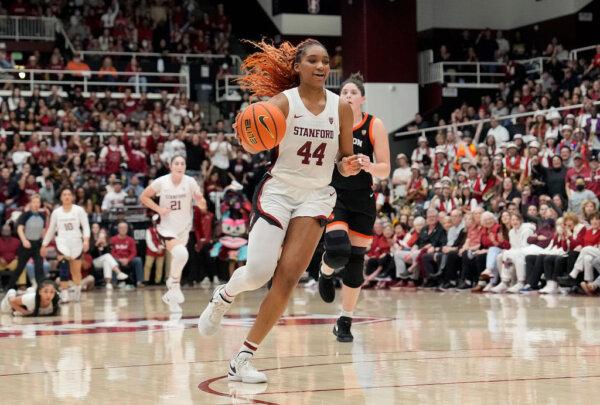 Kiki Iriafen (44) of the Stanford Cardinal drives to the basket on a fast-break against the Oregon State Beavers during the second half of an NCAA women's basketball game at Stanford Maples Pavilion in Palo Alto, Calif., on Jan. 21, 2024. (Thearon W. Henderson/Getty Images)