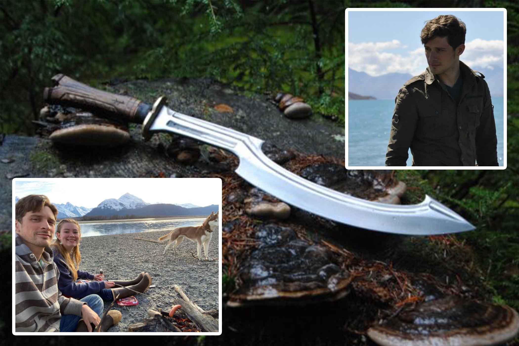 "Stormyr, Kopesh of the Wildwood"; (Inset Left) Mr. Barrett and his wife; (Inset Right) Mr. Barrett. (Courtesy of <a href="https://www.barrett-knives.com/">Trevor Barrett</a>)