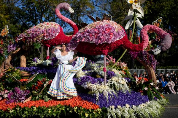The Downey Rose Float Associate float moves along the parade route at the 135th Rose Parade in Pasadena, Calif., on Jan. 1, 2024. (Jae C. Hong/AP Photo)