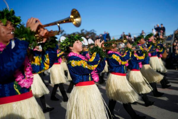 The Na Koa Ali'I – Hawai'i All State marching band performs at the 135th Rose Parade in Pasadena, Calif., on Jan. 1, 2024. (Jae C. Hong/AP Photo)