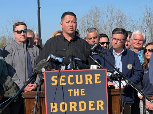 Rep. Tony Gonzales (R-Texas) speaks speaks while standing with Republican members of Congress in Eagle Pass, Texas, on Jan. 3, 2024. (Charlotte Cuthbertson/The Epoch Times)
