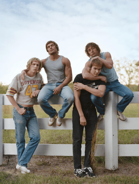 (L–R) The Von Erich brothers: David (Harris Dickinson), Kevin (Zac Efron), Mike (Stanley Simons), and Kerry Von Erich (Jeremy Allen White) in "The Iron Claw." (A24)