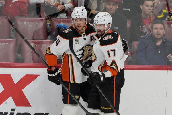 Anaheim Ducks left wing Alex Killorn (17) celebrates his goal with defenseman Cam Fowler (4) during the first period of an NHL hockey game against the Florida Panthers in Sunrise, Fla., on Jan. 15, 2024. (Marta Lavandier/AP Photo)