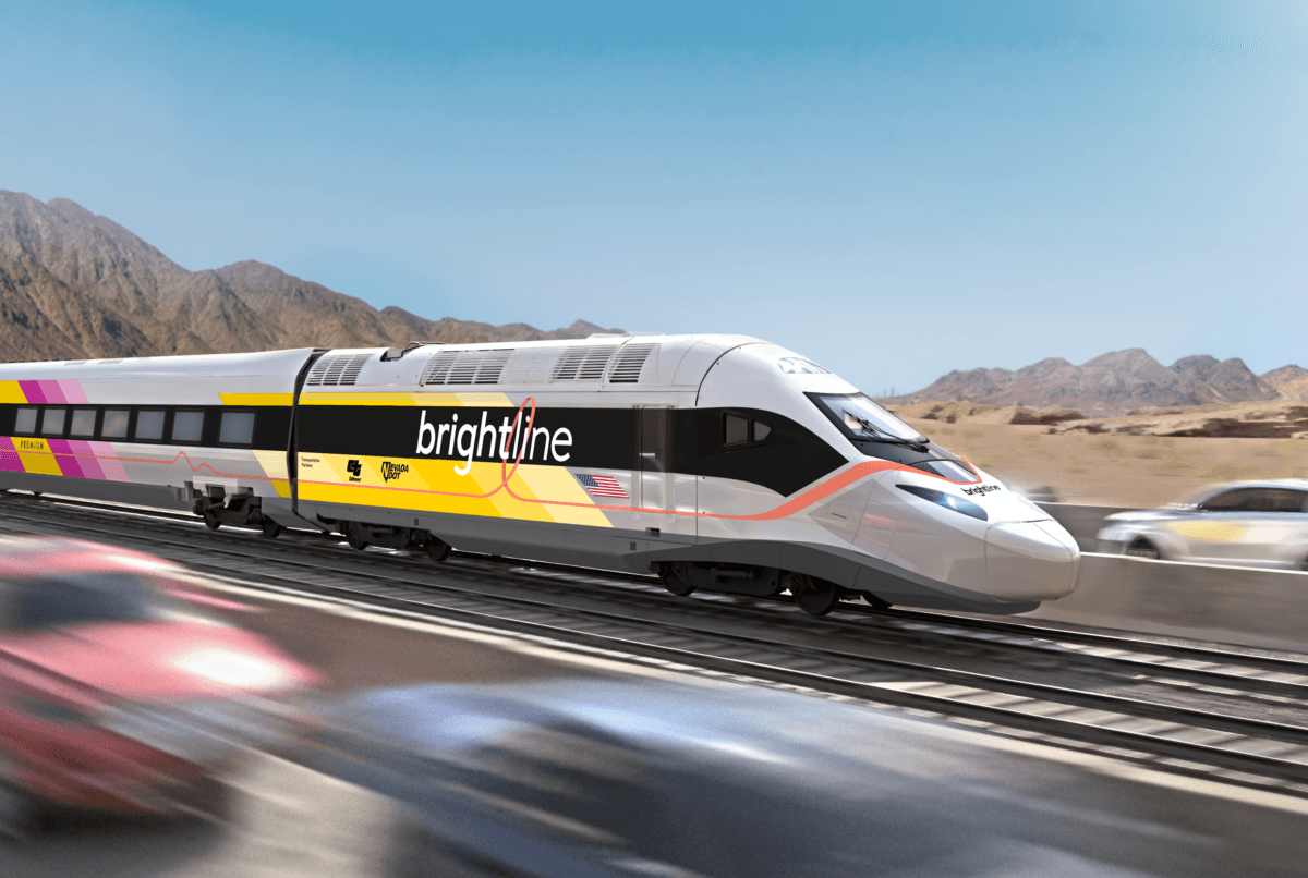 Rendering of a high-speed rail line planned between Los Angeles and Los Vegas. (Courtesy of Brightline West)