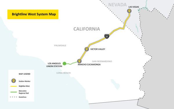 Map of a high-speed rail line planned between Los Angeles and Los Vegas. (Courtesy of Brightline West)