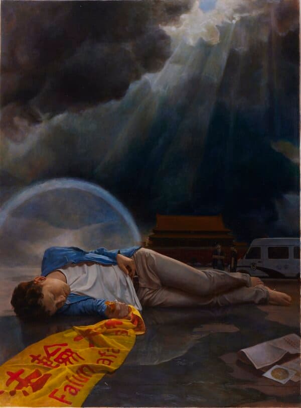 “Tiananmen Square After the Rain” Jui-Hsiang Shao of Taiwan. Oil on canvas; 63 6/8 inches by 47 inches. (NTD International Figure Painting Competition)