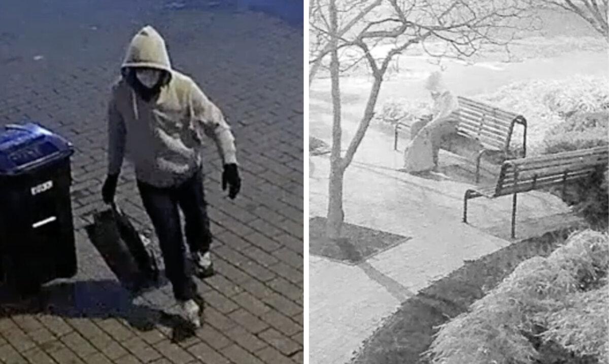 (Left) The Jan. 6 pipe-bomb suspect walks between the Democratic and Republican headquarters, where the FBI says pipe bombs were planted on Jan. 5, 2021. (Right) The suspect sits on a bench outside the Democratic National Committee. (FBI/Graphic by The Epoch Times)