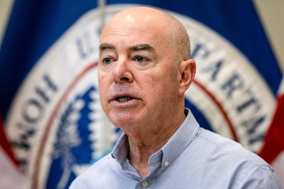Department of Homeland Security Secretary Alejandro Mayorkas holds a news conference at a U.S. Border Patrol station in Eagle Pass, Texas, on Jan. 8, 2024. (John Moore/Getty Images)